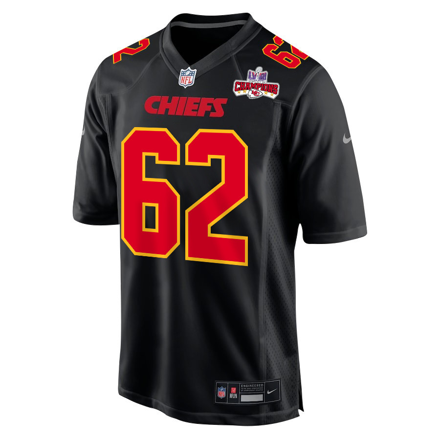 Alternative view of Joe Thuney #62 Kansas City Chiefs Super Bowl LVIII Champions 4 Stars Patch Game Jersey - Men's | Carbon Black