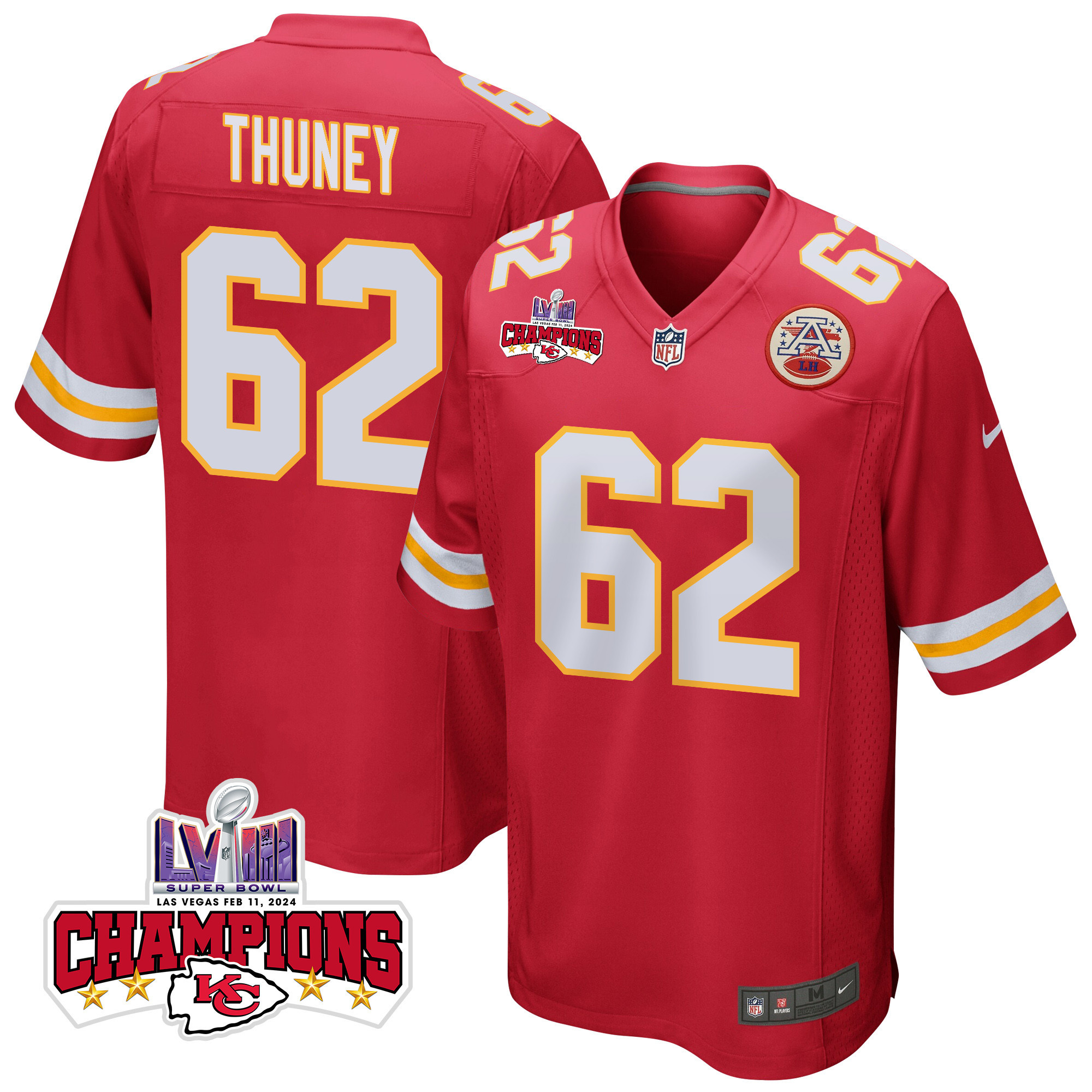 Joe Thuney #62 Kansas City Chiefs Super Bowl LVIII Champions 4 Stars Patch Game Jersey - Men's | Red