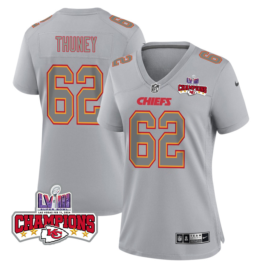 Joe Thuney #62 Kansas City Chiefs Super Bowl LVIII Champions 4 Stars Patch Game Jersey - Women's | Gray
