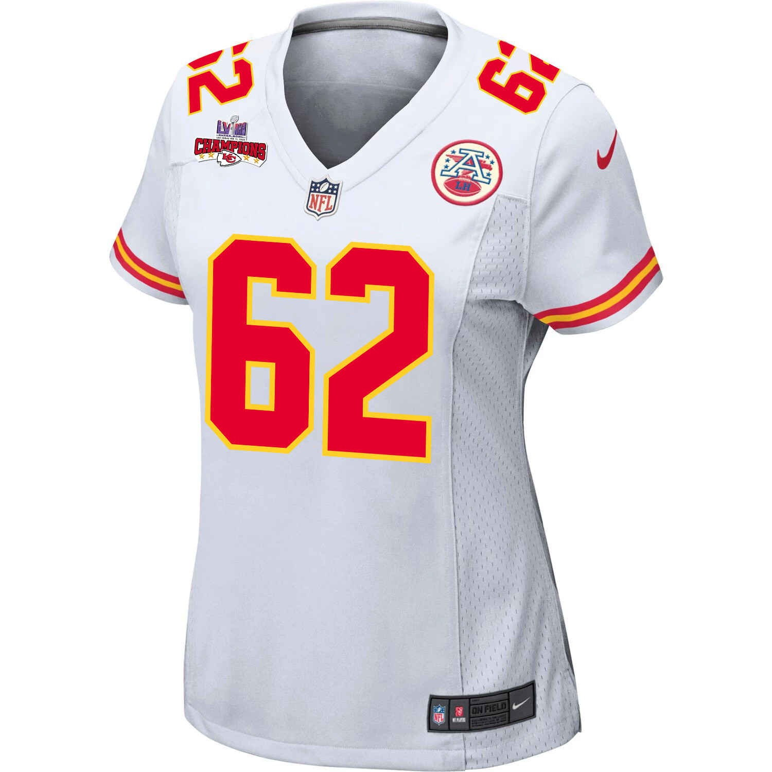Alternative view of Joe Thuney #62 Kansas City Chiefs Super Bowl LVIII Champions 4 Stars Patch Game Jersey - Women's | White