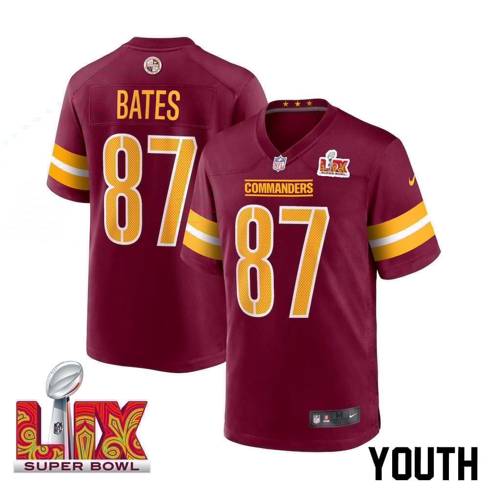 John Bates #87 Washington Commanders Super Bowl LIX Game Jersey - Youth | Burgundy