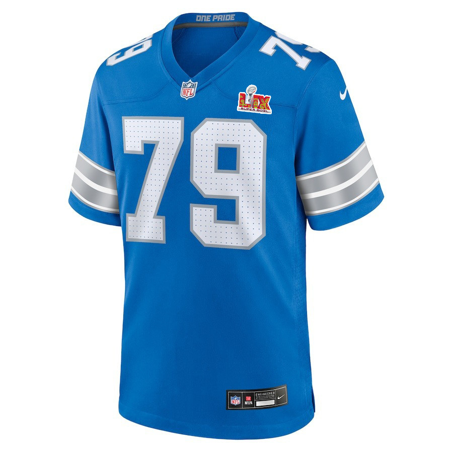 Alternative view of John Cominsky #79 Detroit Lions Super Bowl LIX Game Jersey - Men's | Blue
