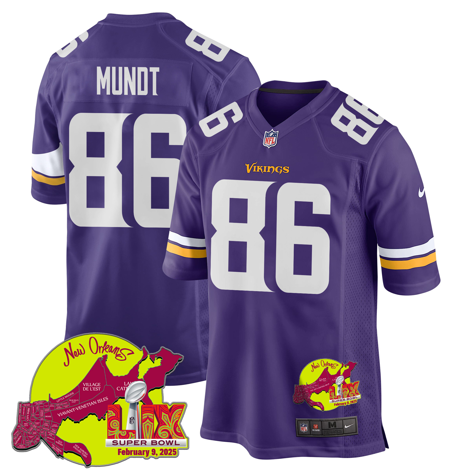 Johnny Mundt #86 Minnesota Vikings Super Bowl LIX Game Jersey - Men's | Purple