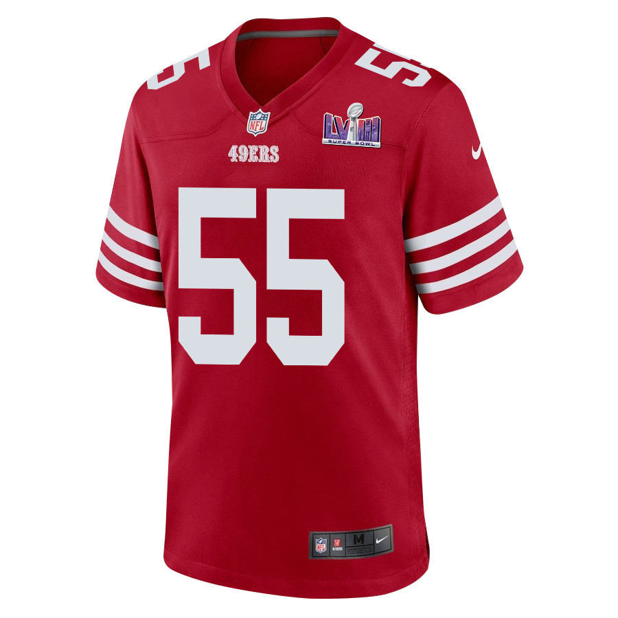 Alternative view of Jon Feliciano #55 San Francisco 49ers Super Bowl LVIII Patch Game Jersey - Men's | Scarlet