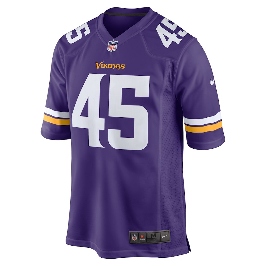 Alternative view of Jordan Kunaszyk #45 Minnesota Vikings Game Jersey - Men's | Purple