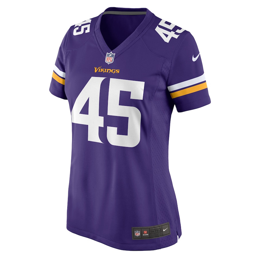 Alternative view of Jordan Kunaszyk #45 Minnesota Vikings Game Jersey - Women's | Purple