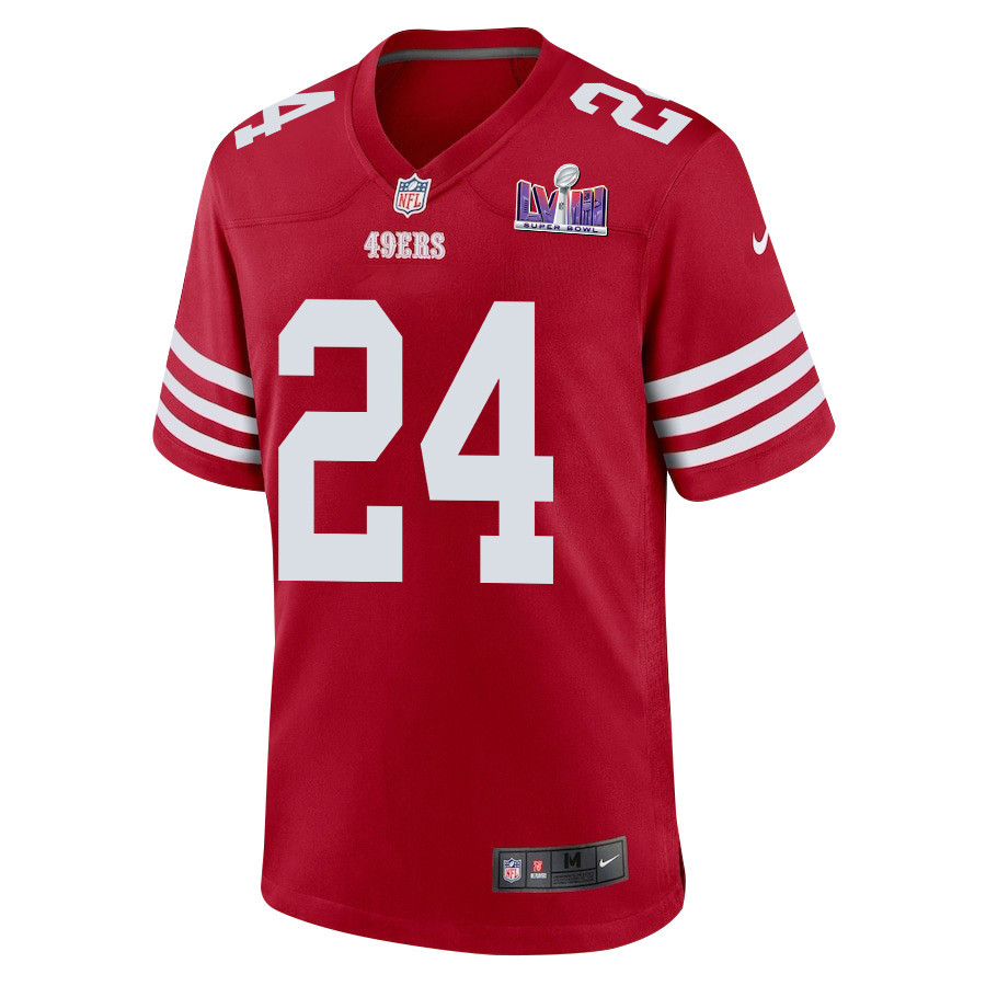 Alternative view of Jordan Mason #24 San Francisco 49ers Super Bowl LVIII Patch Game Jersey - Men's | Scarlet