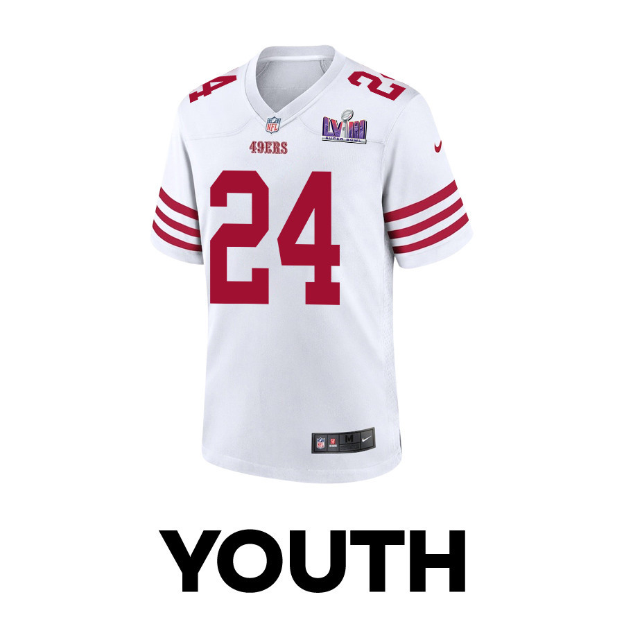 Alternative view of Jordan Mason #24 San Francisco 49ers Super Bowl LVIII Patch Game Jersey - Youth | White
