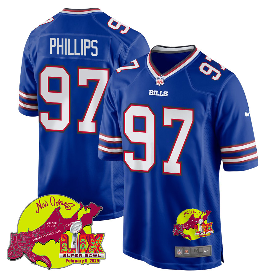 Jordan Phillips #97 Buffalo Bills Super Bowl LIX Game Jersey - Men's | Royal