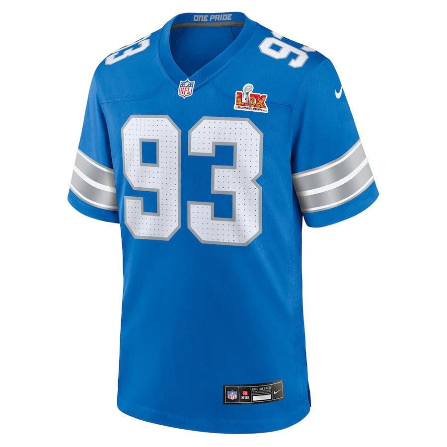 Alternative view of Josh Paschal #93 Detroit Lions Super Bowl LIX Game Jersey - Men's | Blue