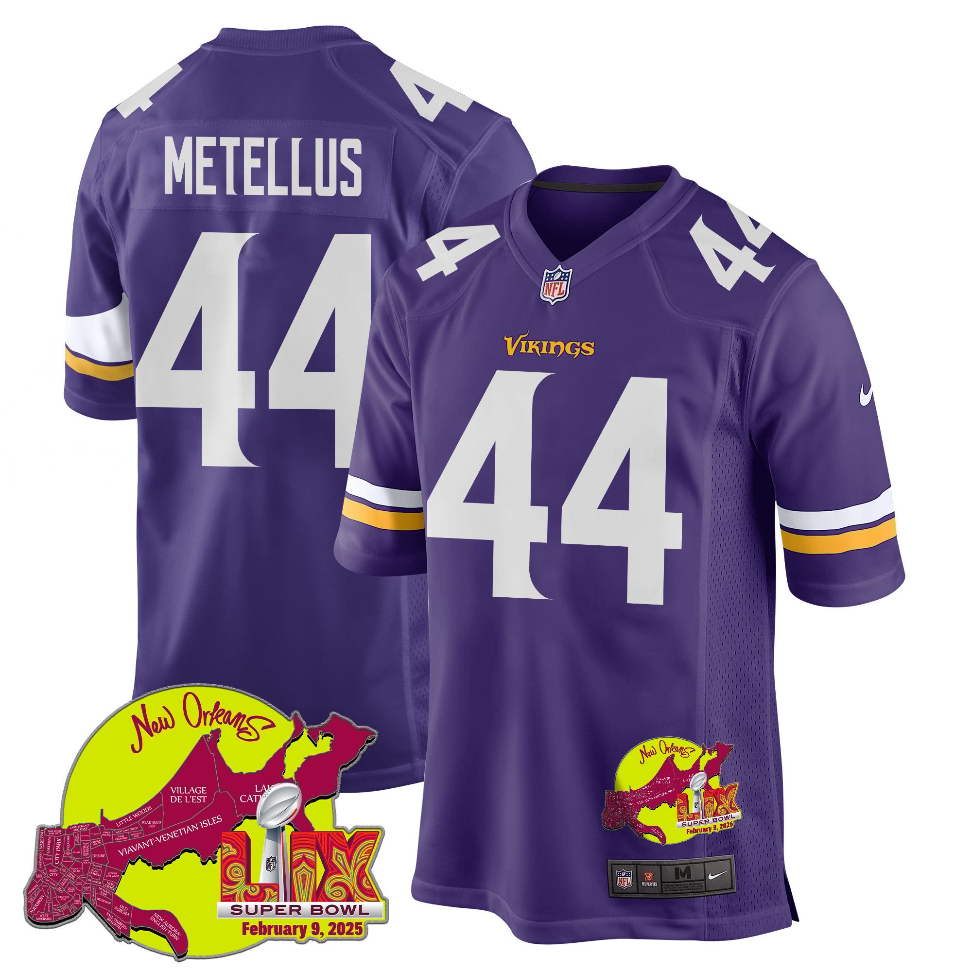 Joshua Metellus #44 Minnesota Vikings Super Bowl LIX Game Jersey - Men's | Purple