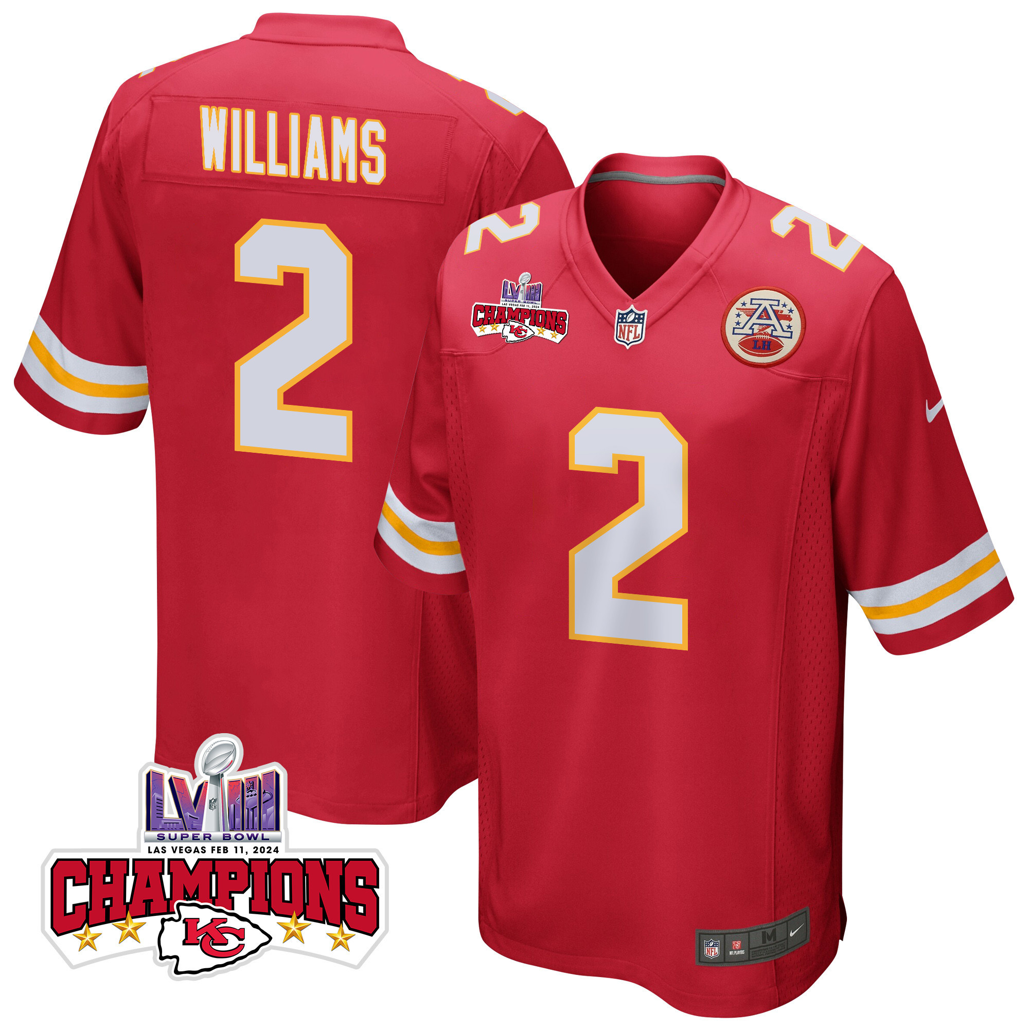 Joshua Williams #2 Kansas City Chiefs Super Bowl LVIII Champions 4 Stars Patch Game Jersey - Men's | Red