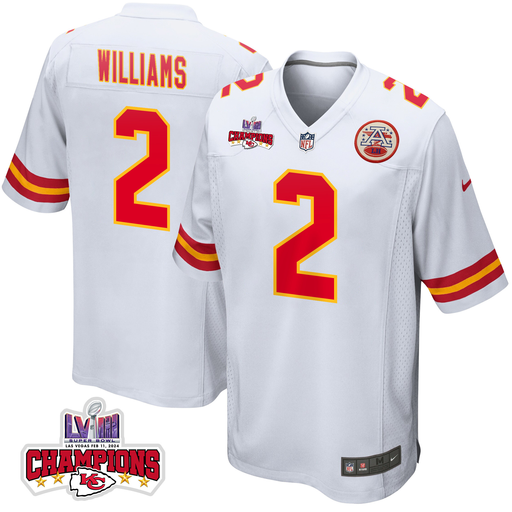 Joshua Williams #2 Kansas City Chiefs Super Bowl LVIII Champions 4 Stars Patch Game Jersey - Men's | White