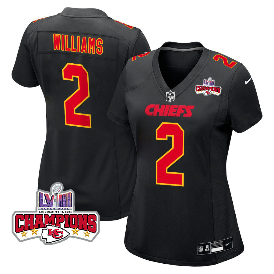 Joshua Williams #2 Kansas City Chiefs Super Bowl LVIII Champions 4 Stars Patch Game Jersey - Women's | Carbon Black