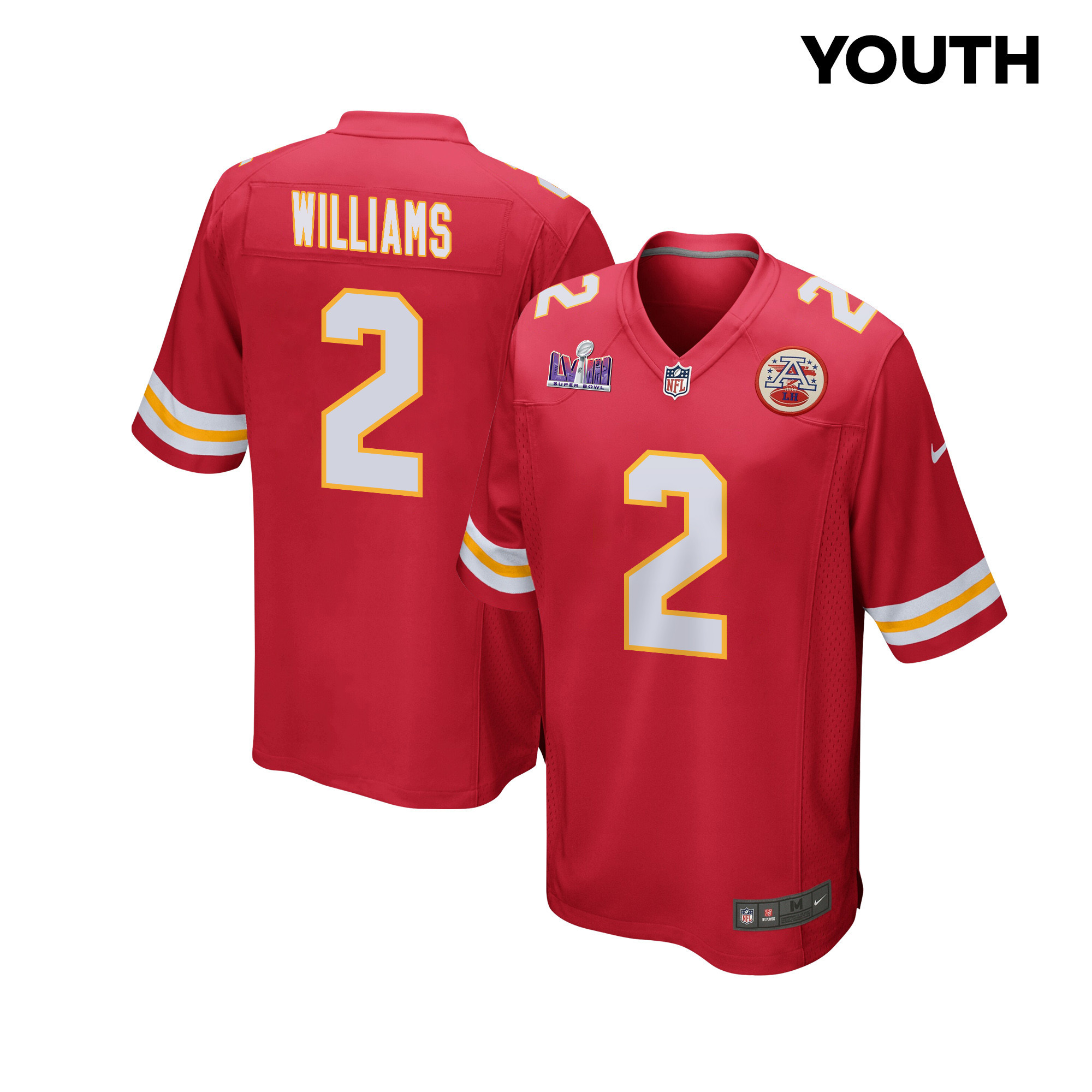 Joshua Williams #2 Kansas City Chiefs Super Bowl LVIII Patch Game Jersey - Youth | Red