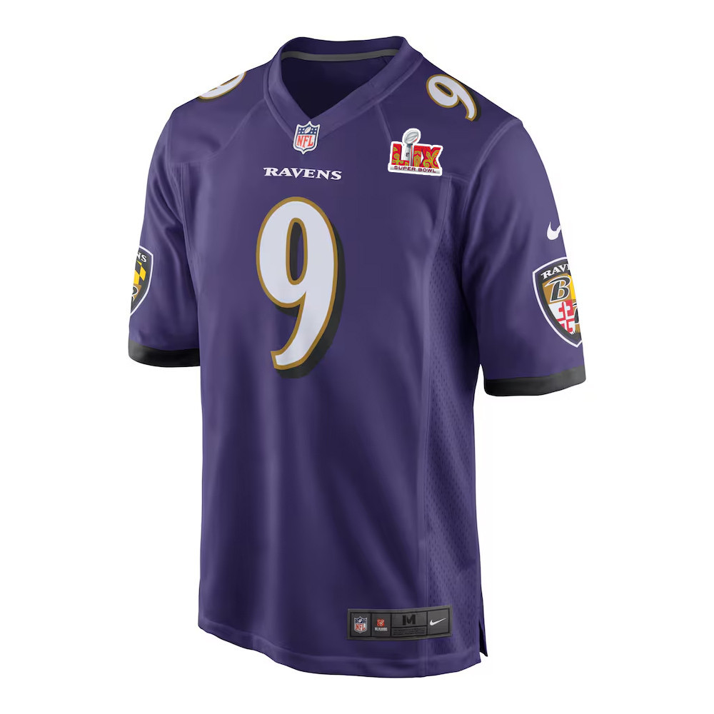Alternative view of Justin Tucker #9 Baltimore Ravens Super Bowl LIX Game Jersey - Men's | Purple