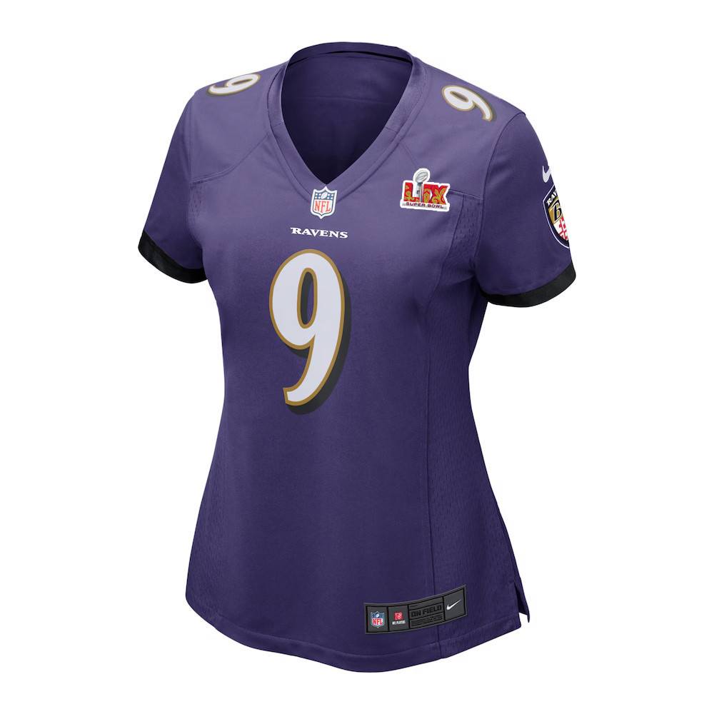 Alternative view of Justin Tucker #9 Baltimore Ravens Super Bowl LIX Game Jersey - Women's | Purple