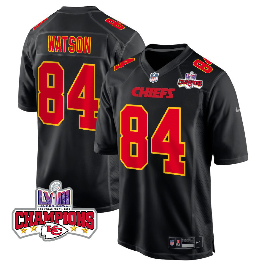 Justin Watson #84 Kansas City Chiefs Super Bowl LVIII Champions 4 Stars Patch Game Jersey - Men's | Carbon Black