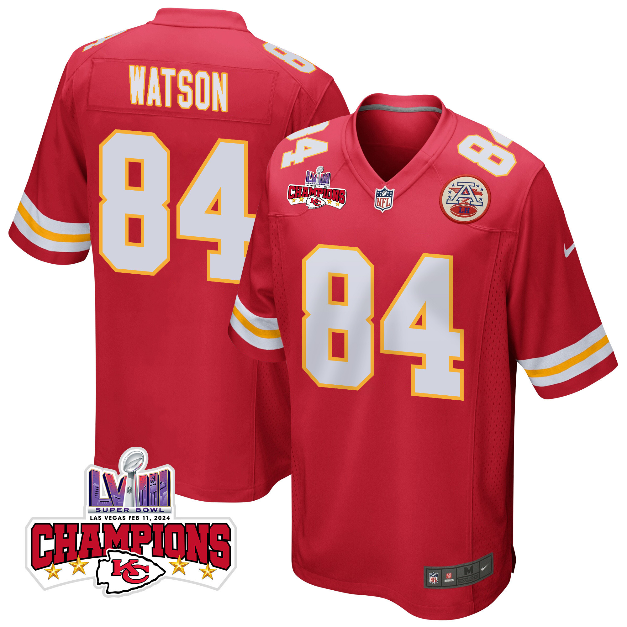 Justin Watson #84 Kansas City Chiefs Super Bowl LVIII Champions 4 Stars Patch Game Jersey - Men's | Red