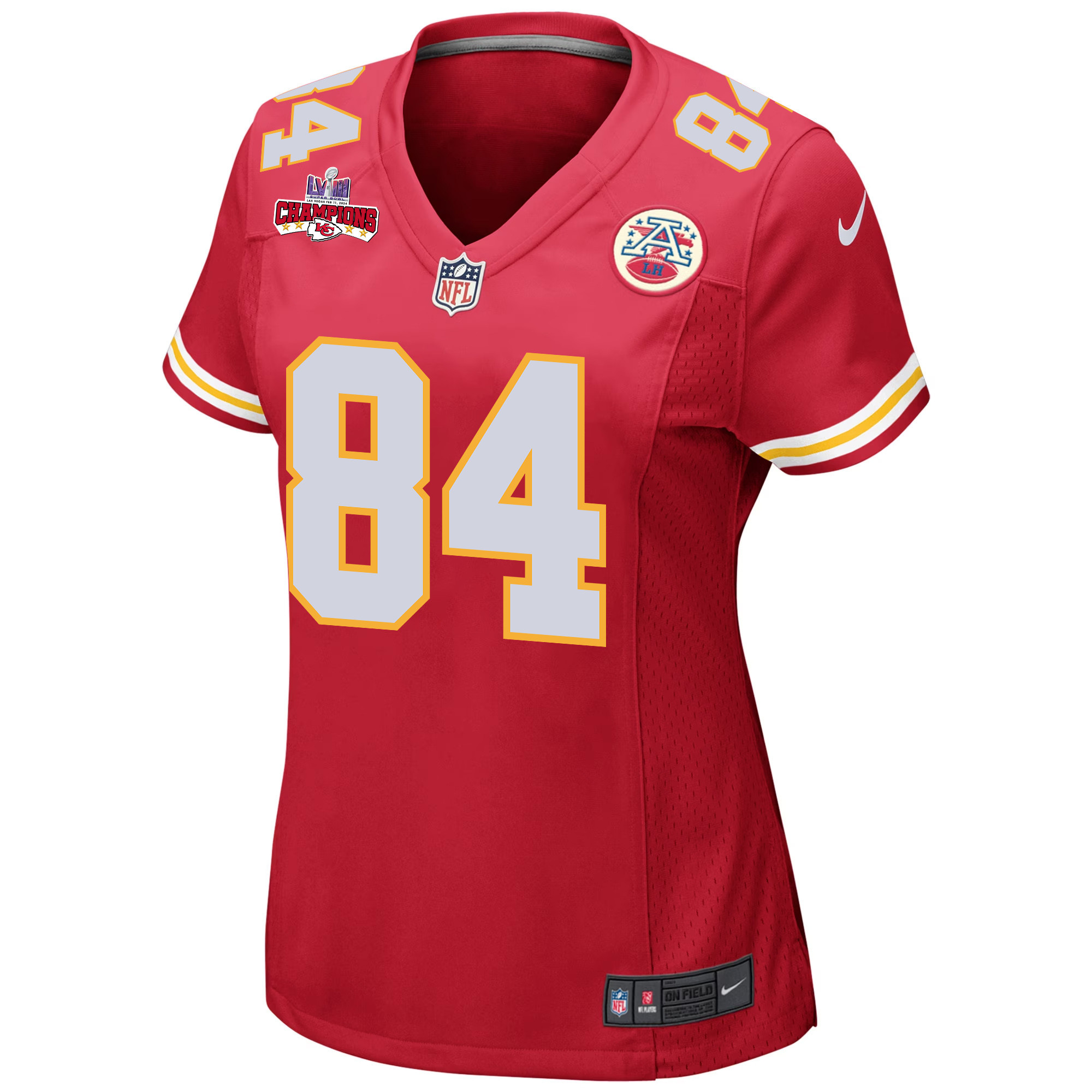 Alternative view of Justin Watson #84 Kansas City Chiefs Super Bowl LVIII Champions 4 Stars Patch Game Jersey - Women's | Red