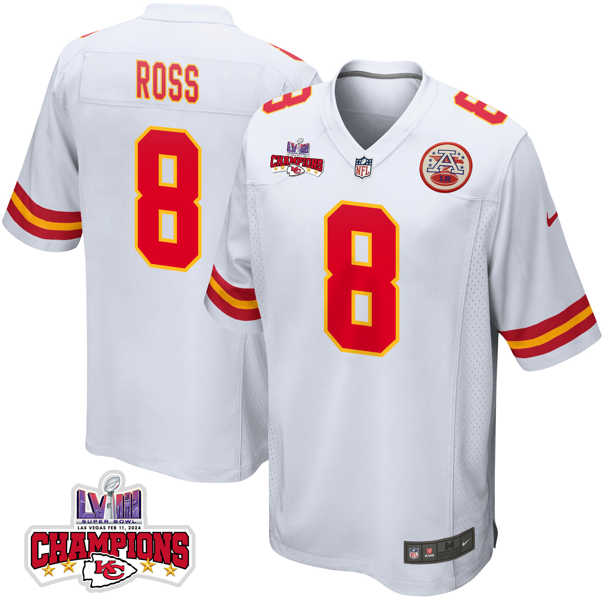 Justyn Ross #8 Kansas City Chiefs Super Bowl LVIII Champions 4 Stars Patch Game Jersey - Men's | White