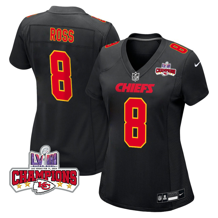 Justyn Ross #8 Kansas City Chiefs Super Bowl LVIII Champions 4 Stars Patch Game Jersey - Women's | Carbon Black