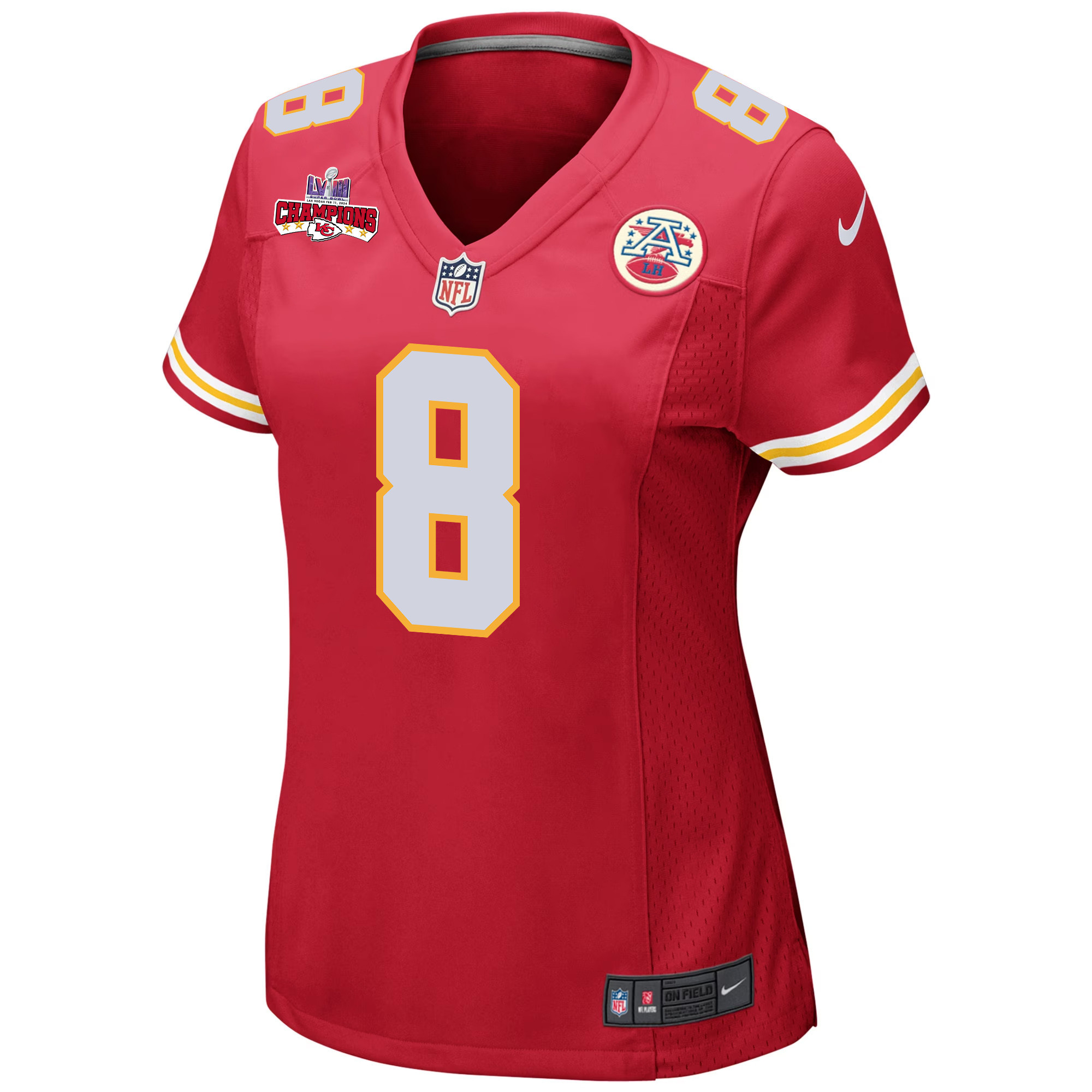 Alternative view of Justyn Ross #8 Kansas City Chiefs Super Bowl LVIII Champions 4 Stars Patch Game Jersey - Women's | Red