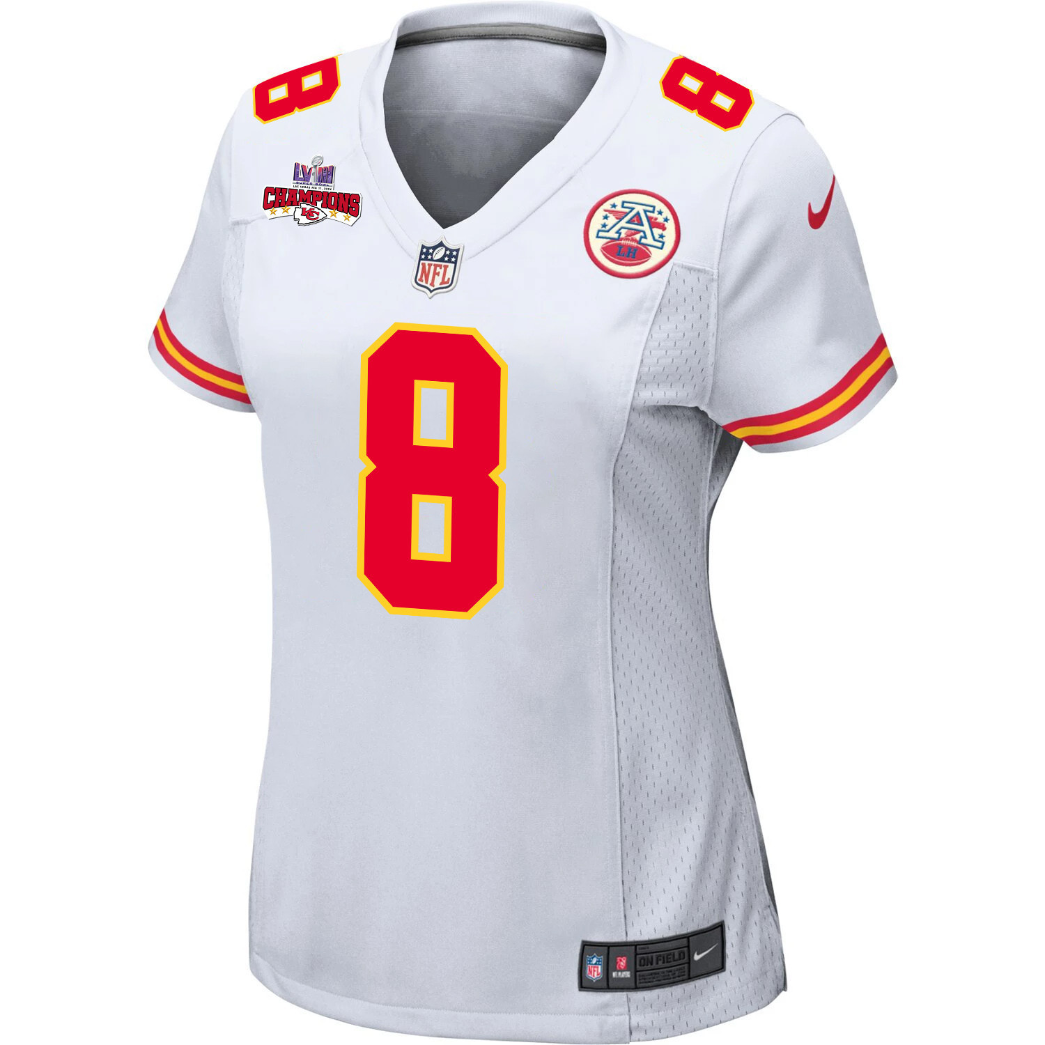 Alternative view of Justyn Ross #8 Kansas City Chiefs Super Bowl LVIII Champions 4 Stars Patch Game Jersey - Women's | White