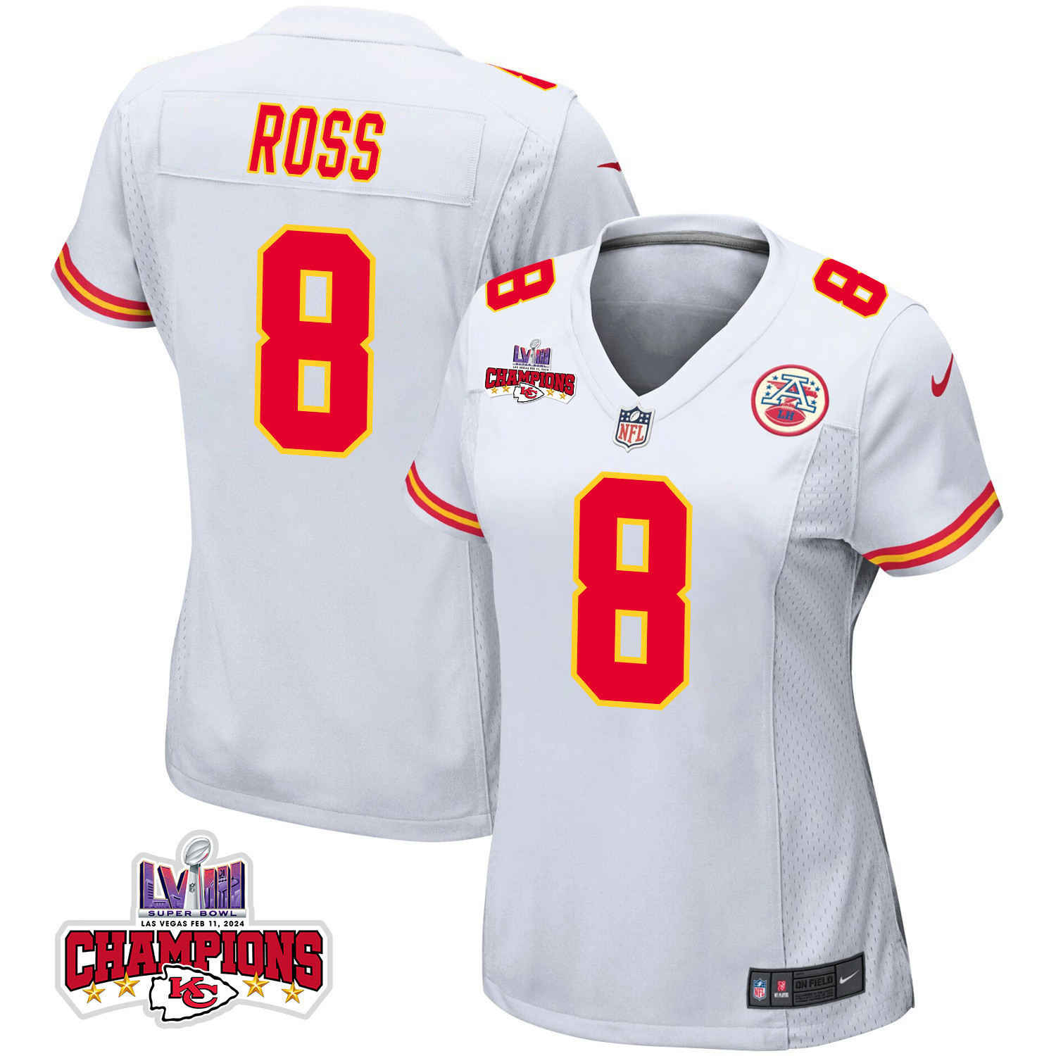 Justyn Ross #8 Kansas City Chiefs Super Bowl LVIII Champions 4 Stars Patch Game Jersey - Women's | White