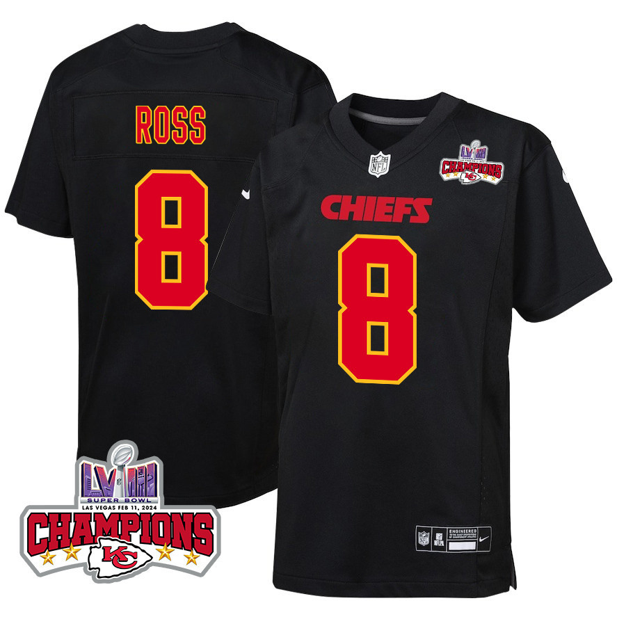 Justyn Ross #8 Kansas City Chiefs Super Bowl LVIII Champions 4 Stars Patch Game Jersey - Youth | Carbon Black