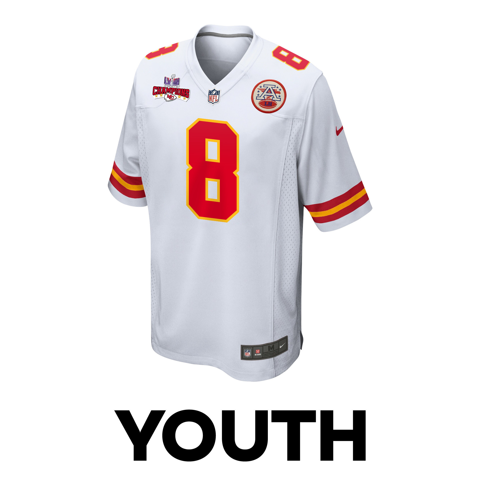 Alternative view of Justyn Ross #8 Kansas City Chiefs Super Bowl LVIII Champions 4 Stars Patch Game Jersey - Youth | White