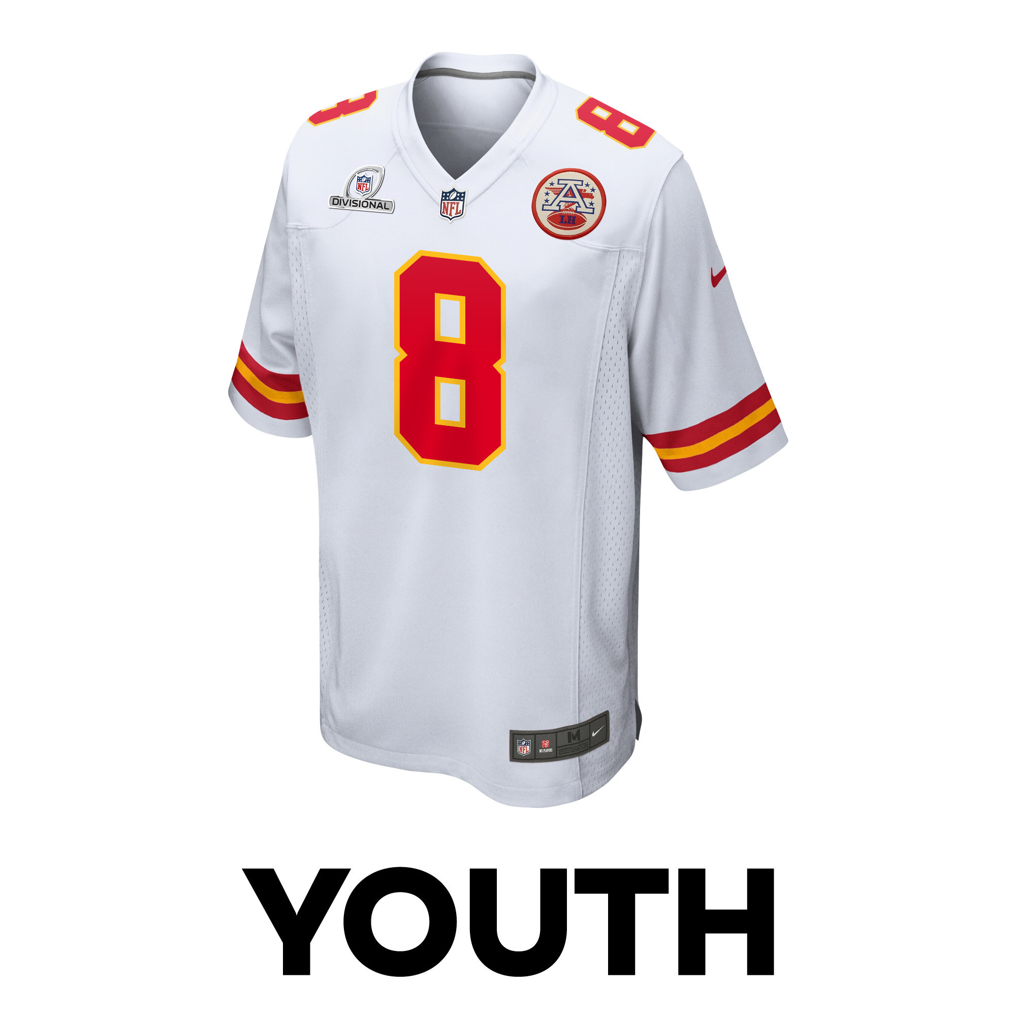 Alternative view of Justyn Ross #8 Kansas City Chiefs Super Bowl LVIII Patch Game Jersey - Youth | White