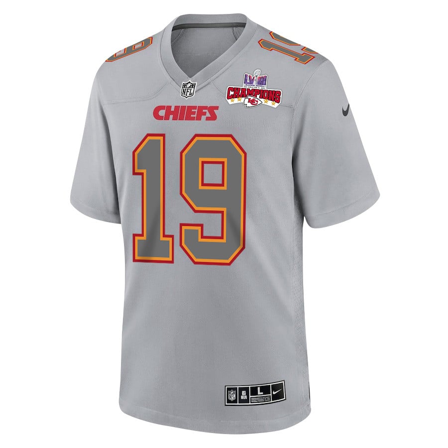Alternative view of Kadarius Toney #19 Kansas City Chiefs Super Bowl LVIII Champions 4 Stars Patch Game Jersey - Men's | Gray