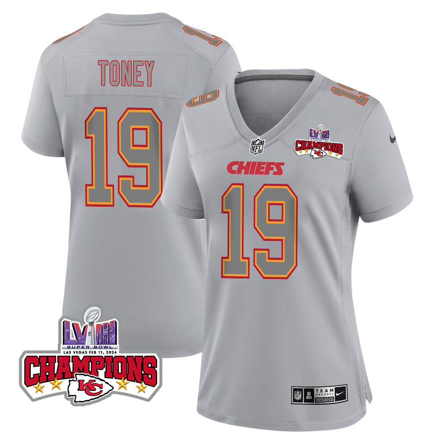 Kadarius Toney #19 Kansas City Chiefs Super Bowl LVIII Champions 4 Stars Patch Game Jersey - Women's | Gray