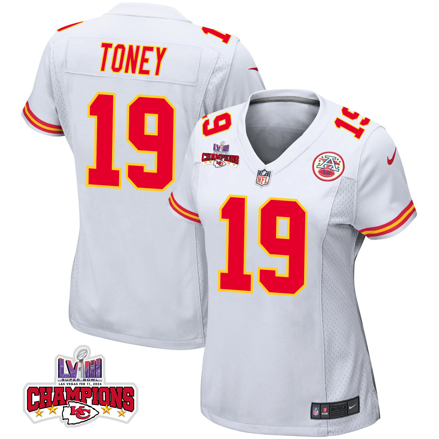 Kadarius Toney #19 Kansas City Chiefs Super Bowl LVIII Champions 4 Stars Patch Game Jersey - Women's | White