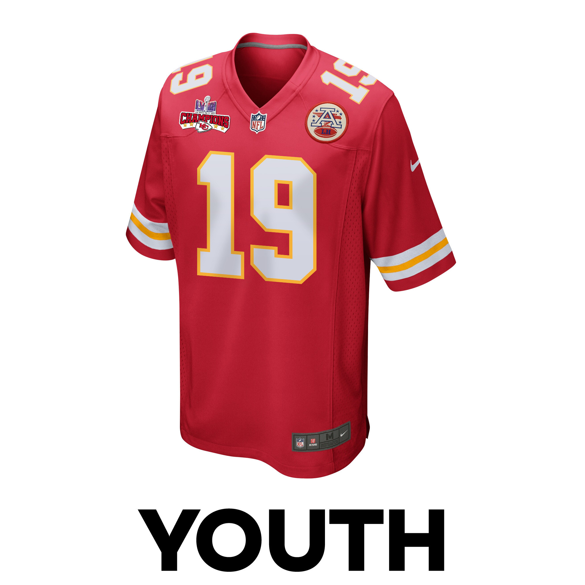 Alternative view of Kadarius Toney #19 Kansas City Chiefs Super Bowl LVIII Champions 4 Stars Patch Game Jersey - Youth | Red