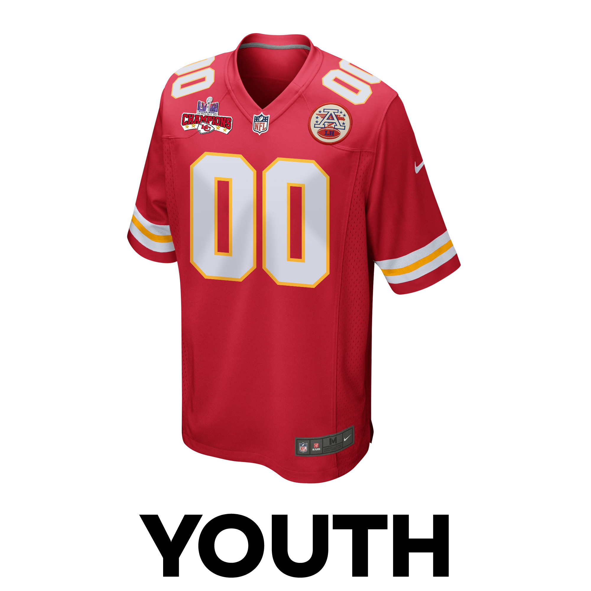 Alternative view of Kansas City Chiefs Super Bowl LVIII Champions #4 Kansas City Chiefs Super Bowl LVIII Champions 4 Stars Patch Game Jersey - Youth | Red