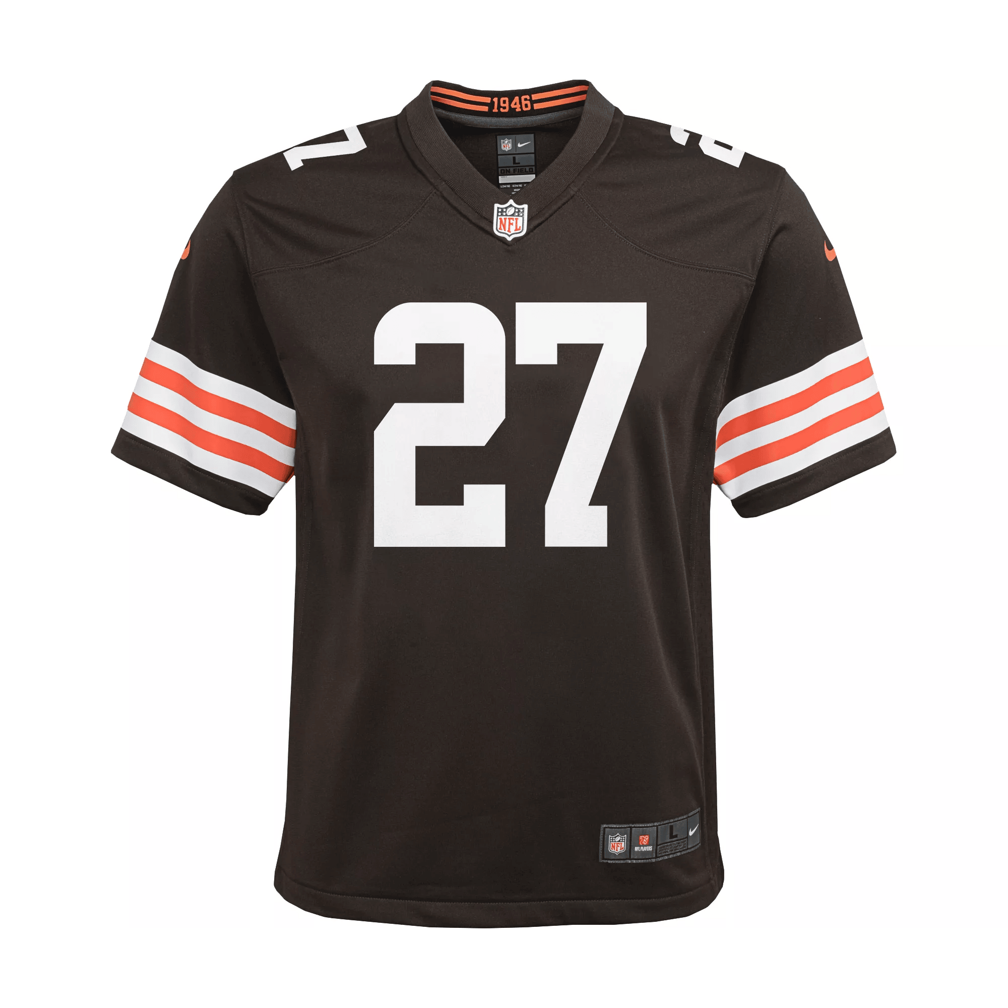 Alternative view of Kareem Hunt #27 Cleveland Browns Game Jersey - Youth | Brown