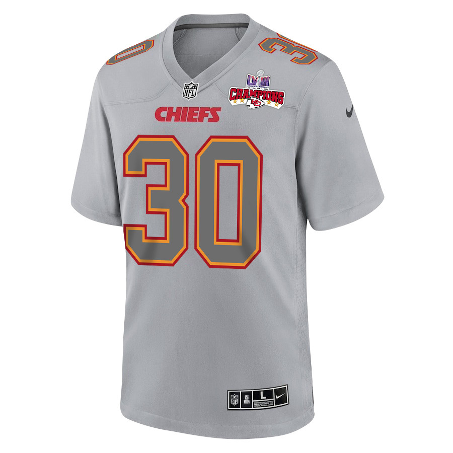 Alternative view of Keaontay Ingram #30 Kansas City Chiefs Super Bowl LVIII Champions 4 Stars Patch Game Jersey - Men's | Gray