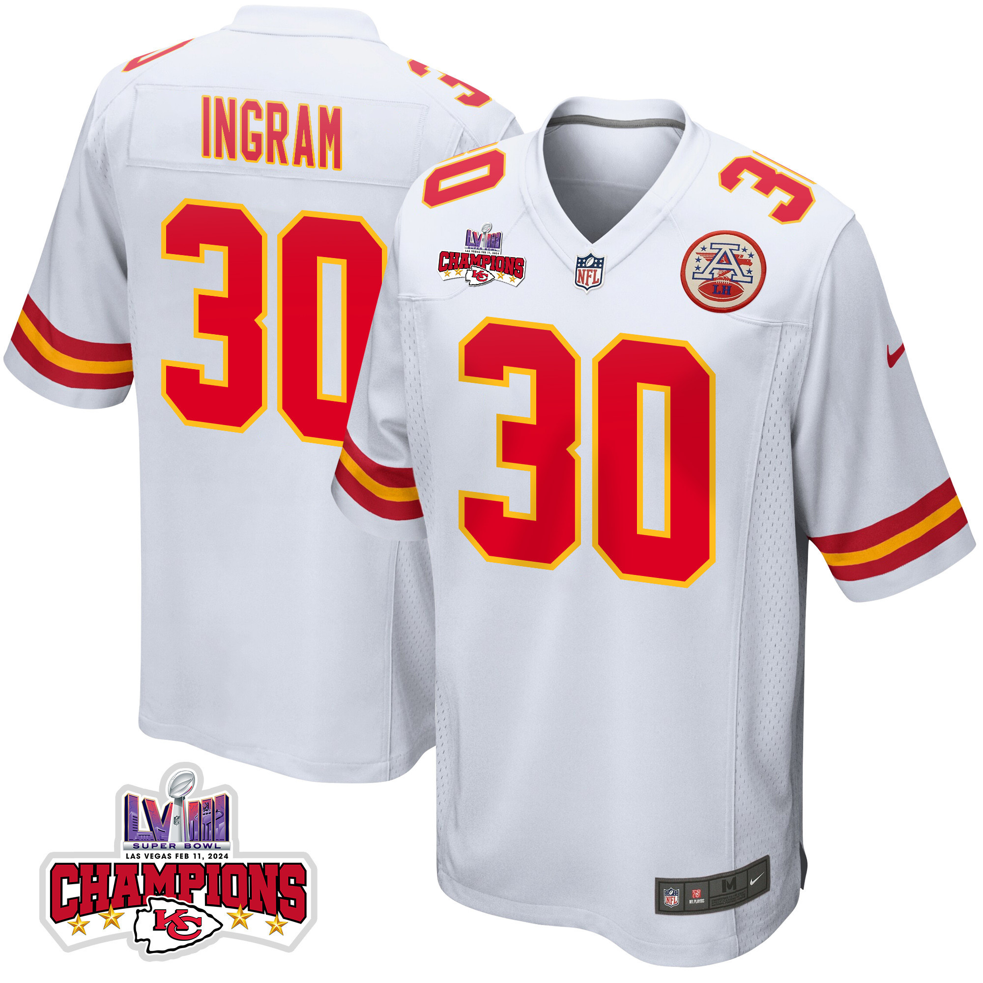 Keaontay Ingram #30 Kansas City Chiefs Super Bowl LVIII Champions 4 Stars Patch Game Jersey - Men's | White