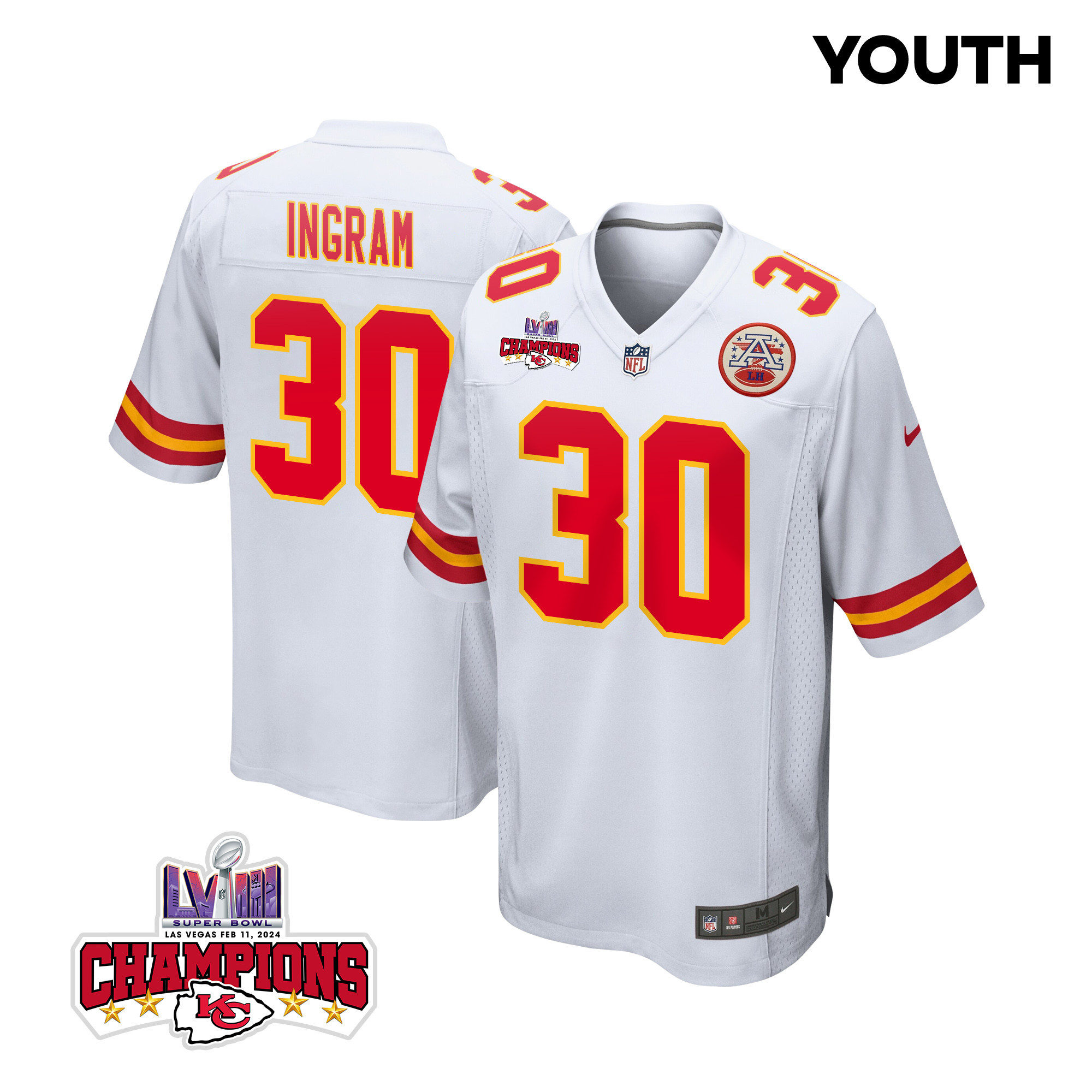Keaontay Ingram #30 Kansas City Chiefs Super Bowl LVIII Champions 4 Stars Patch Game Jersey - Youth | White