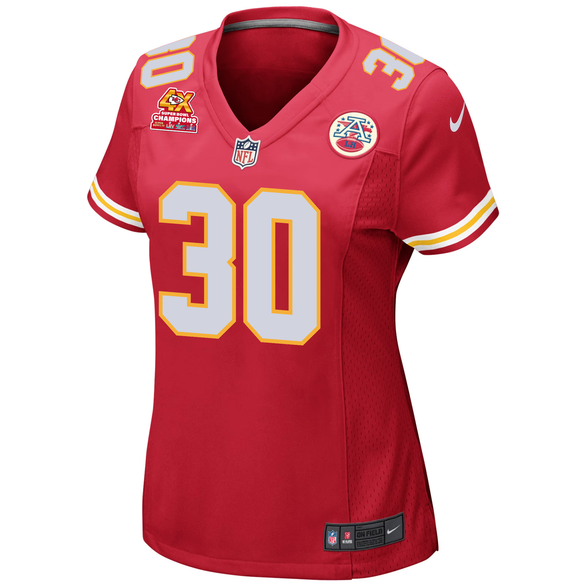 Alternative view of Keaontay Ingram #30 Kansas City Chiefs Super Bowl LVIII Champions 4X Game Jersey - Women's | Red