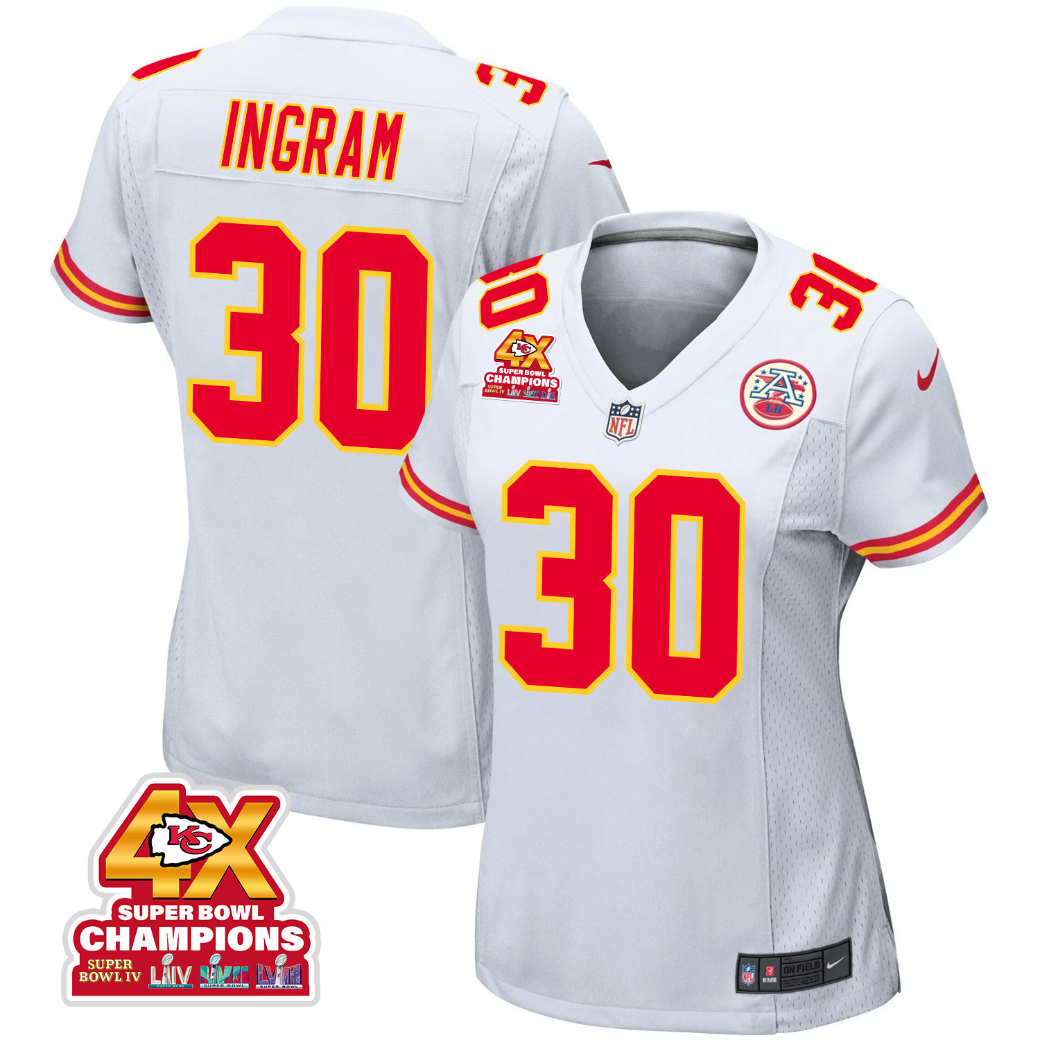 Keaontay Ingram #30 Kansas City Chiefs Super Bowl LVIII Champions 4X Game Jersey - Women's | White