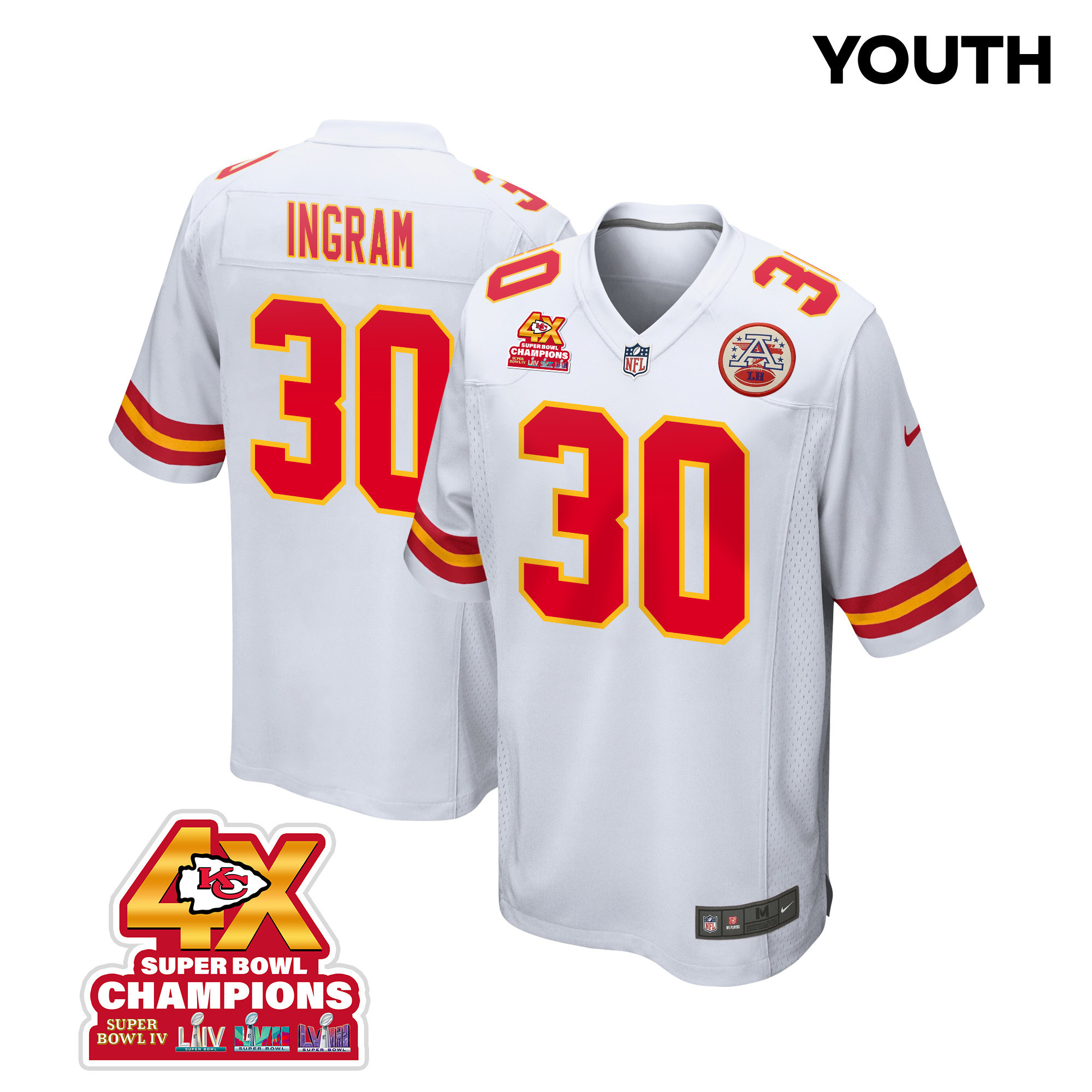 Keaontay Ingram #30 Kansas City Chiefs Super Bowl LVIII Champions 4X Game Jersey - Youth | White