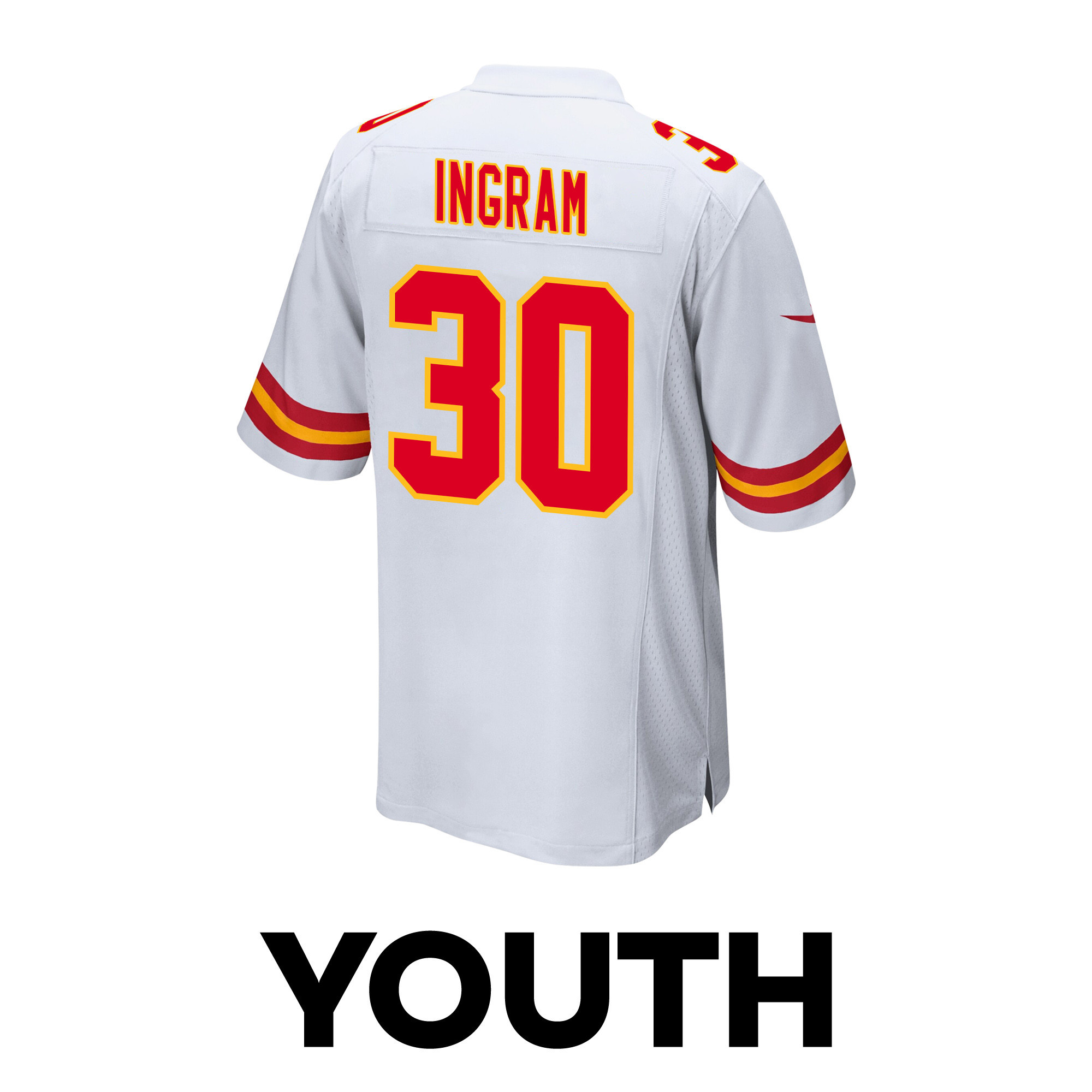 Keaontay Ingram #30 Kansas City Chiefs Super Bowl LVIII Patch Game Jersey - Youth | White - Image 3