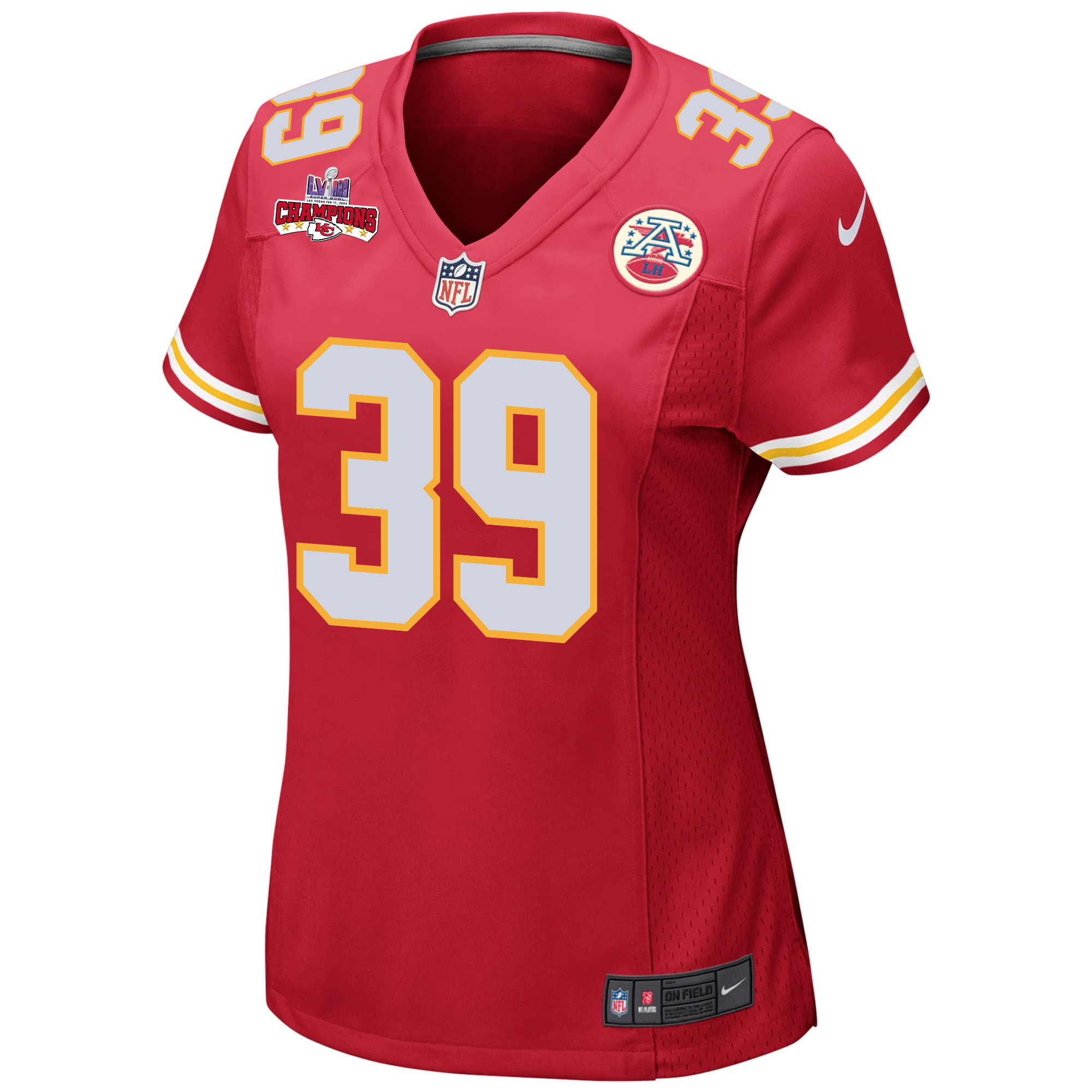 Alternative view of Keith Taylor #39 Kansas City Chiefs Super Bowl LVIII Champions 4 Stars Patch Game Jersey - Women's | Red