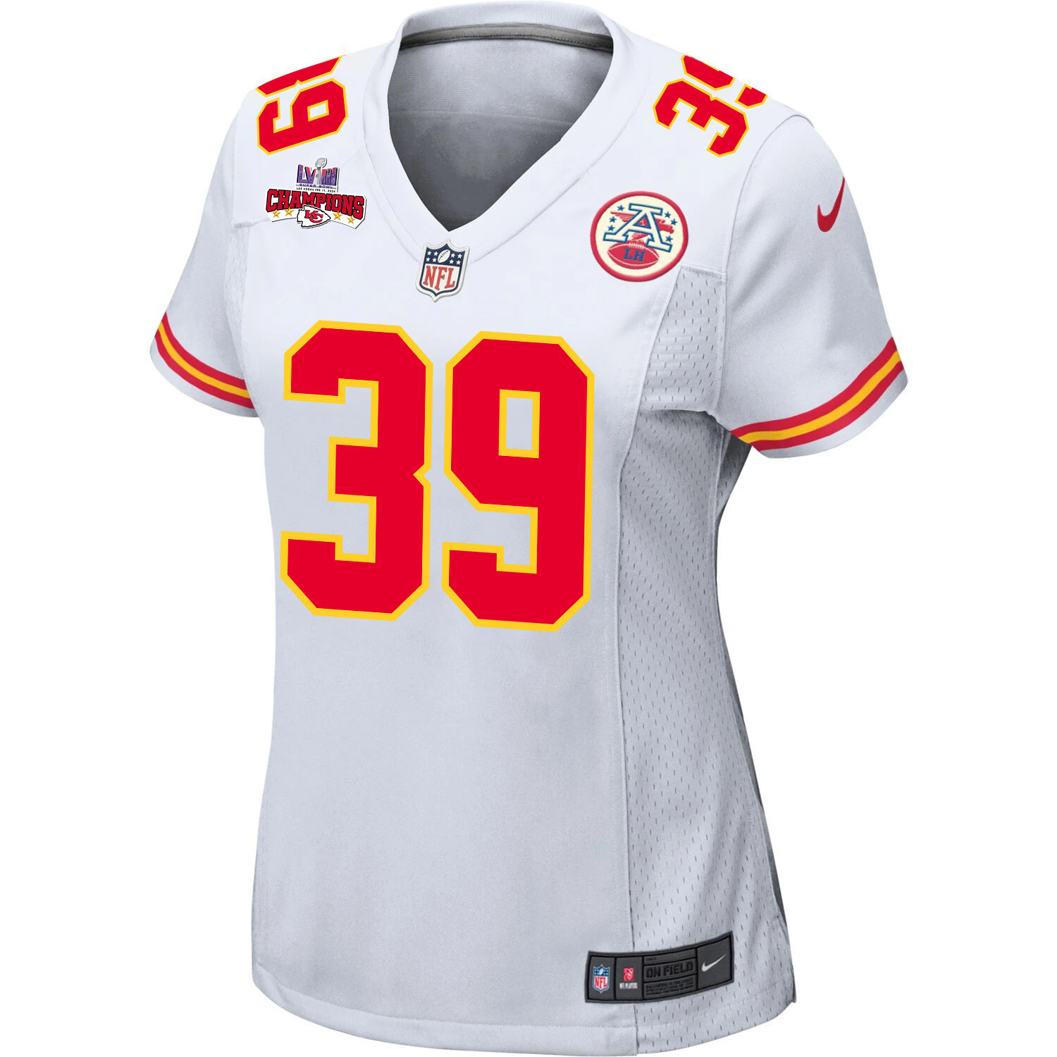Alternative view of Keith Taylor #39 Kansas City Chiefs Super Bowl LVIII Champions 4 Stars Patch Game Jersey - Women's | White