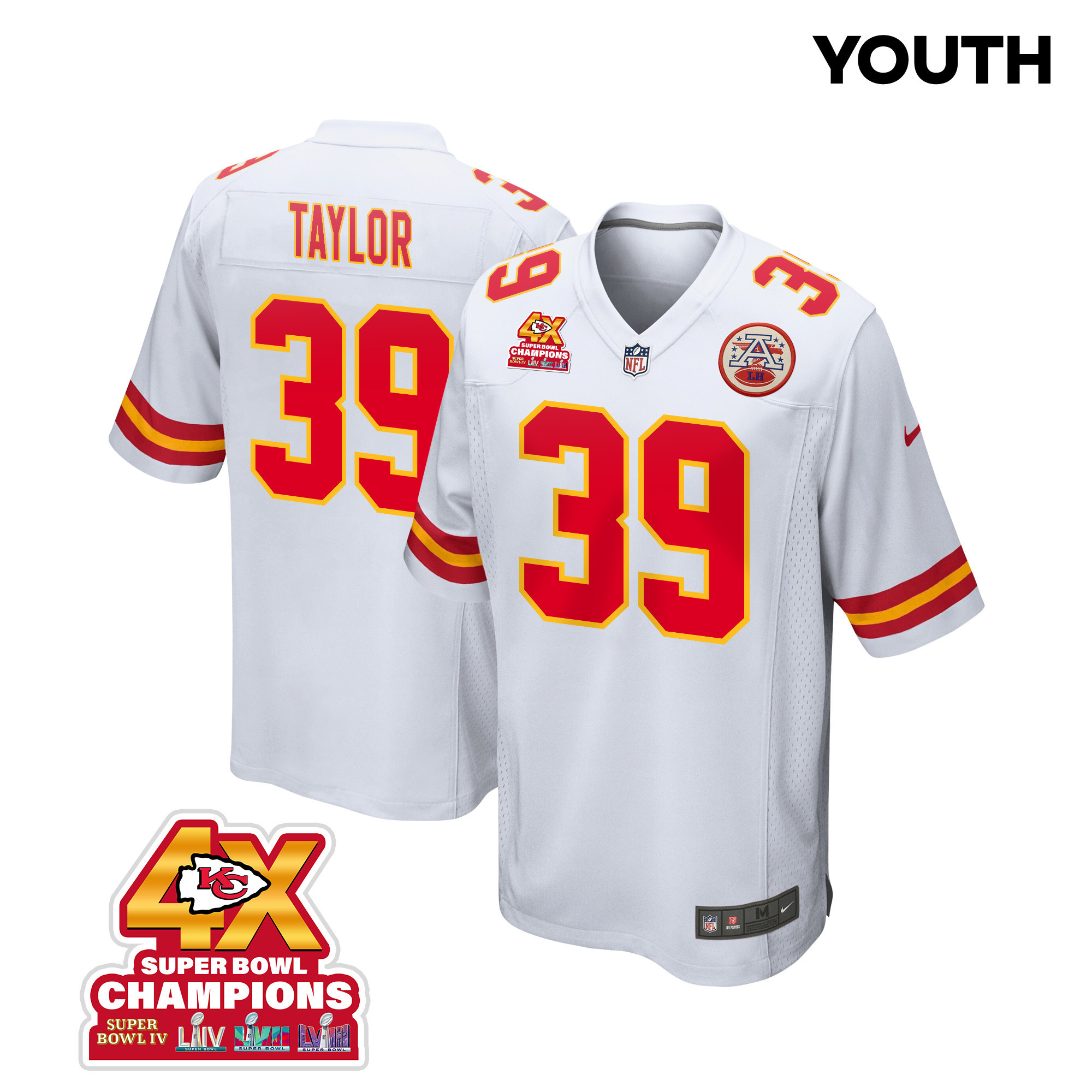 Keith Taylor #39 Kansas City Chiefs Super Bowl LVIII Champions 4X Game Jersey - Youth | White