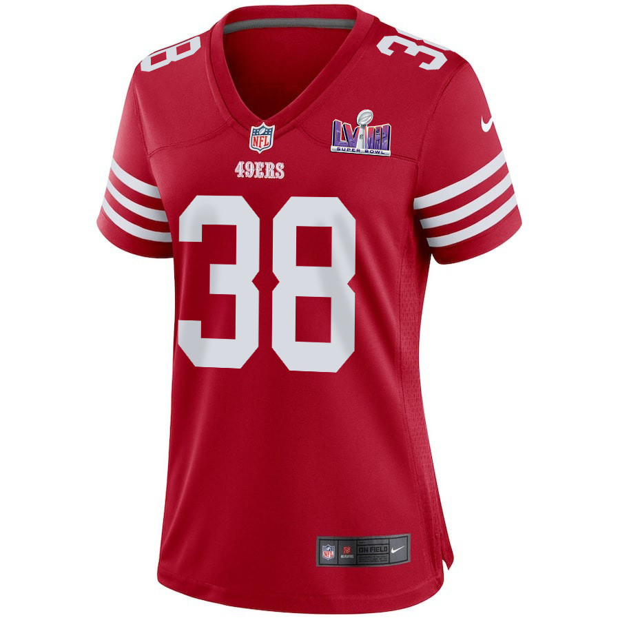 Alternative view of Kemon Hall #38 San Francisco 49ers Super Bowl LVIII Patch Game Jersey - Women's | Scarlet