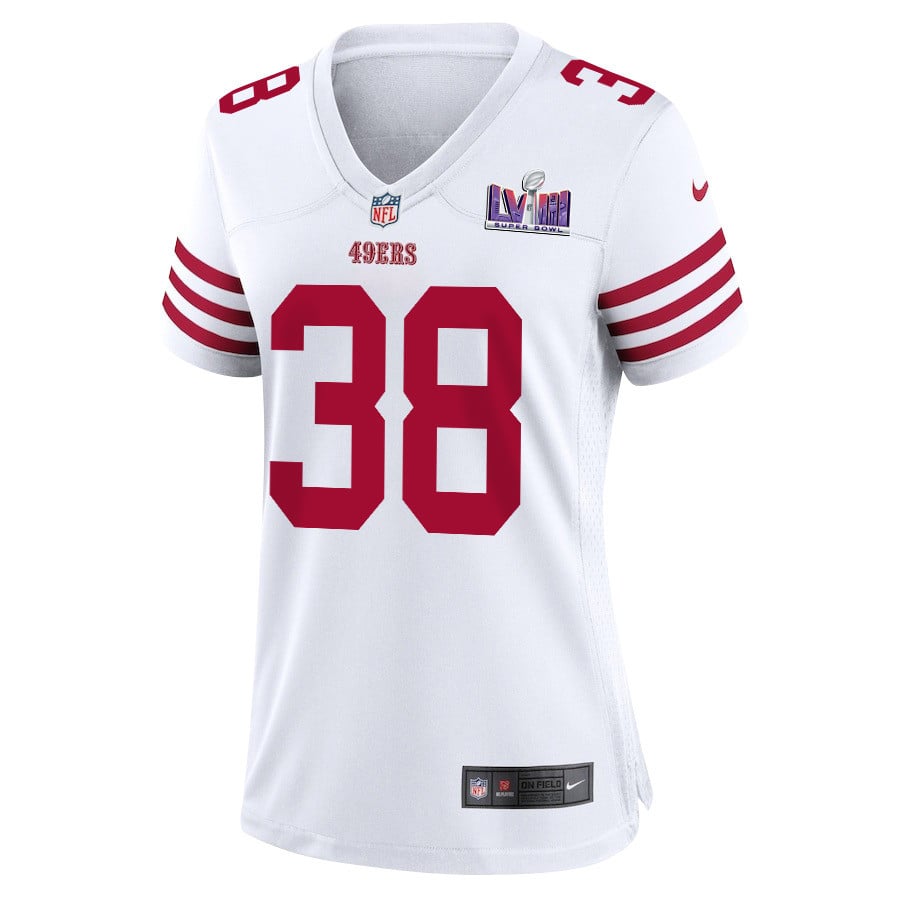 Alternative view of Kemon Hall #38 San Francisco 49ers Super Bowl LVIII Patch Game Jersey - Women's | White